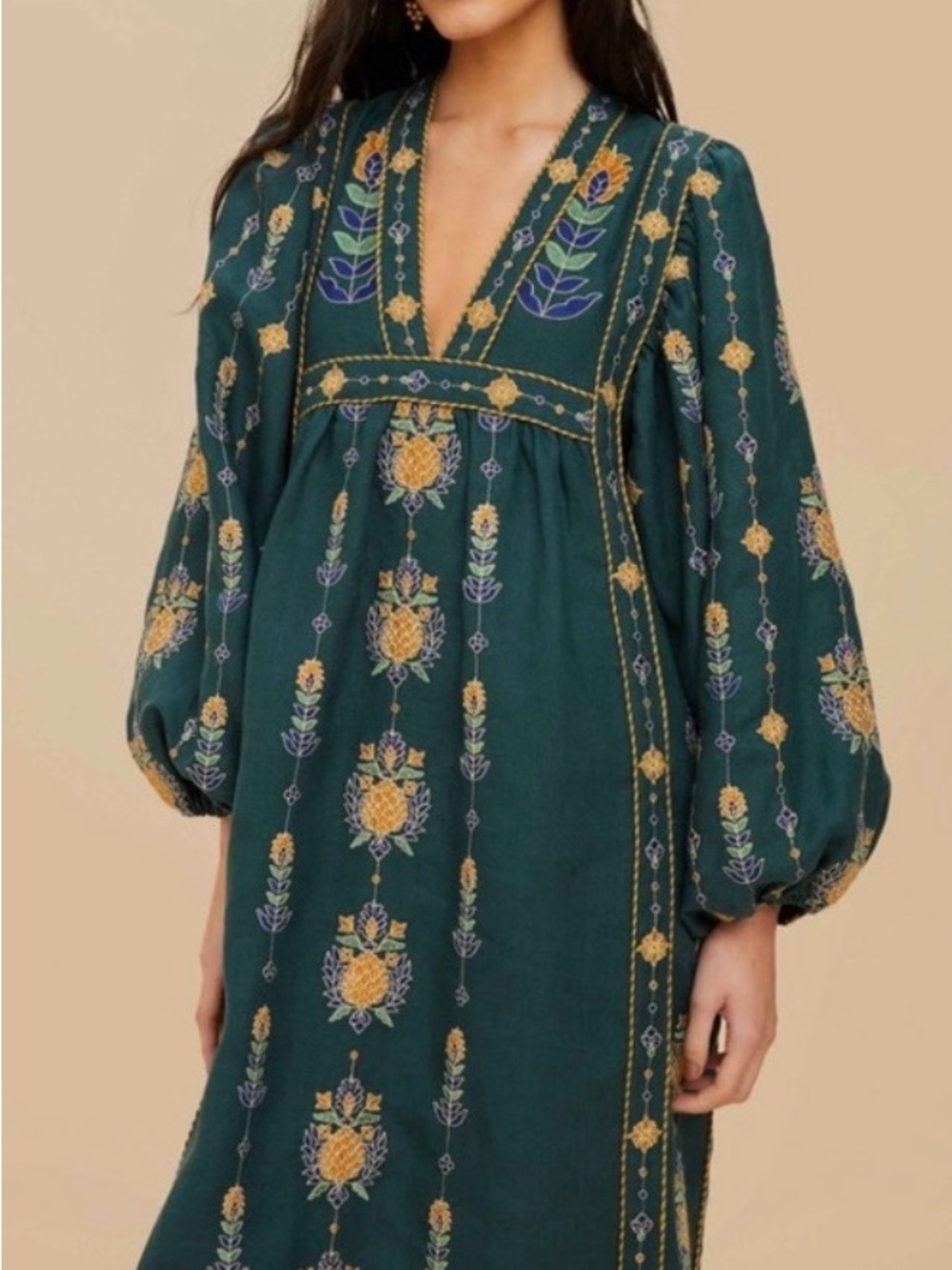 FARM Rio Green Maxi Dress with Gold Floral Pineapple Embroidery - Picture 2 of 16
